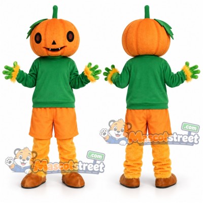 Orange Pumpkin Mascot Costume with Green Shirt and Orange Shorts