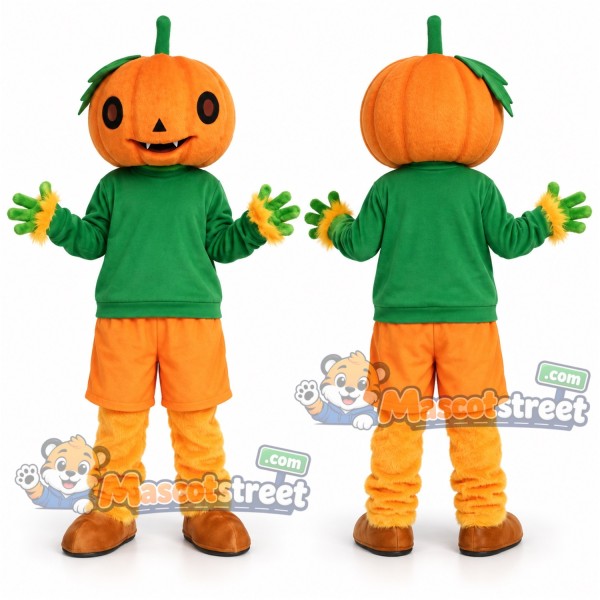 Orange Pumpkin Mascot Costume with Green Shirt and Orange Shorts