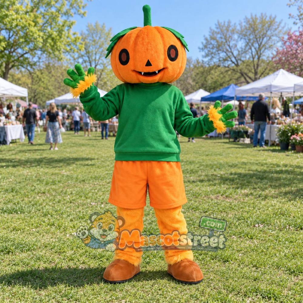 Orange Pumpkin Mascot Costume with Green Shirt and Orange Shorts Orange Pumpkin Mascot Costume with Green Shirt and Orange Shorts
