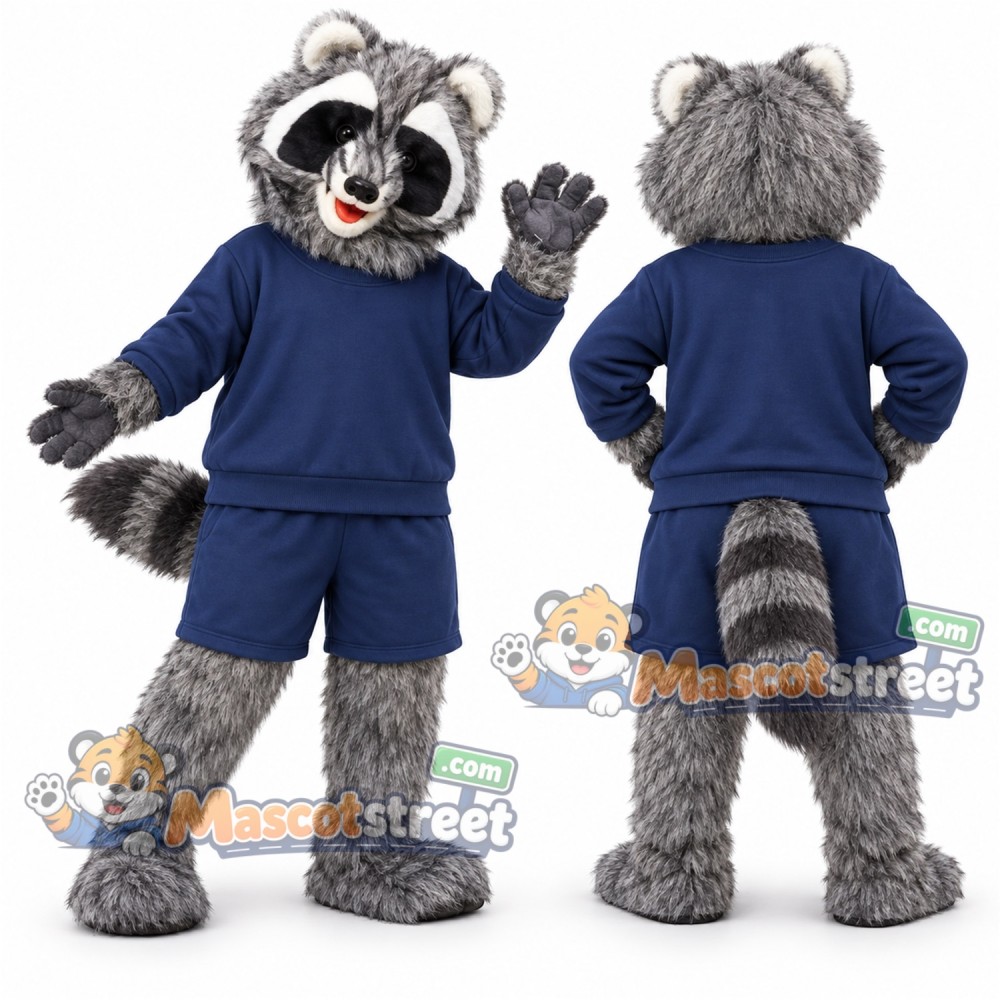 Gray Raccoon Mascot Costume with Navy Shirt and Shorts