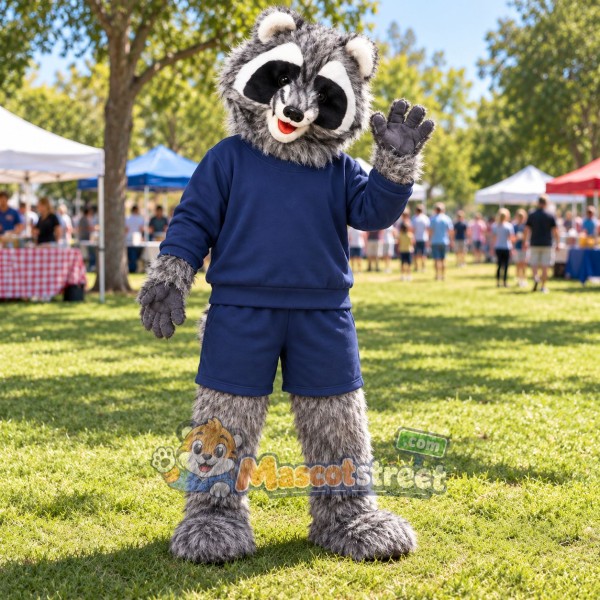 Gray Raccoon Mascot Costume with Navy Shirt and Shorts