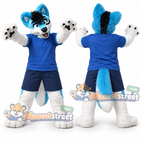 Blue and White Canine Mascot Costume with Blue Shirt and Navy Shorts