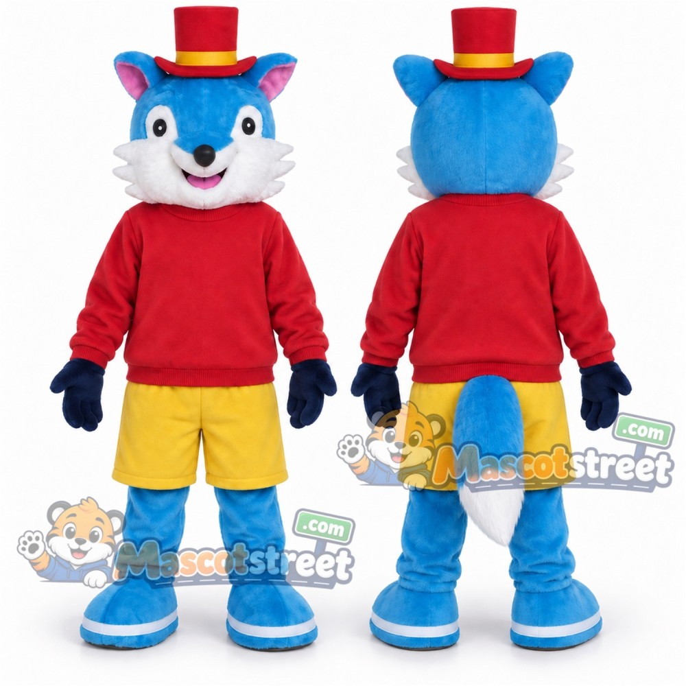 Blue and White Fox Mascot Costume with Red Shirt, Yellow Shorts and Top Hat Blue and White Fox Mascot Costume with Red Shirt, Yellow Shorts and Top Hat