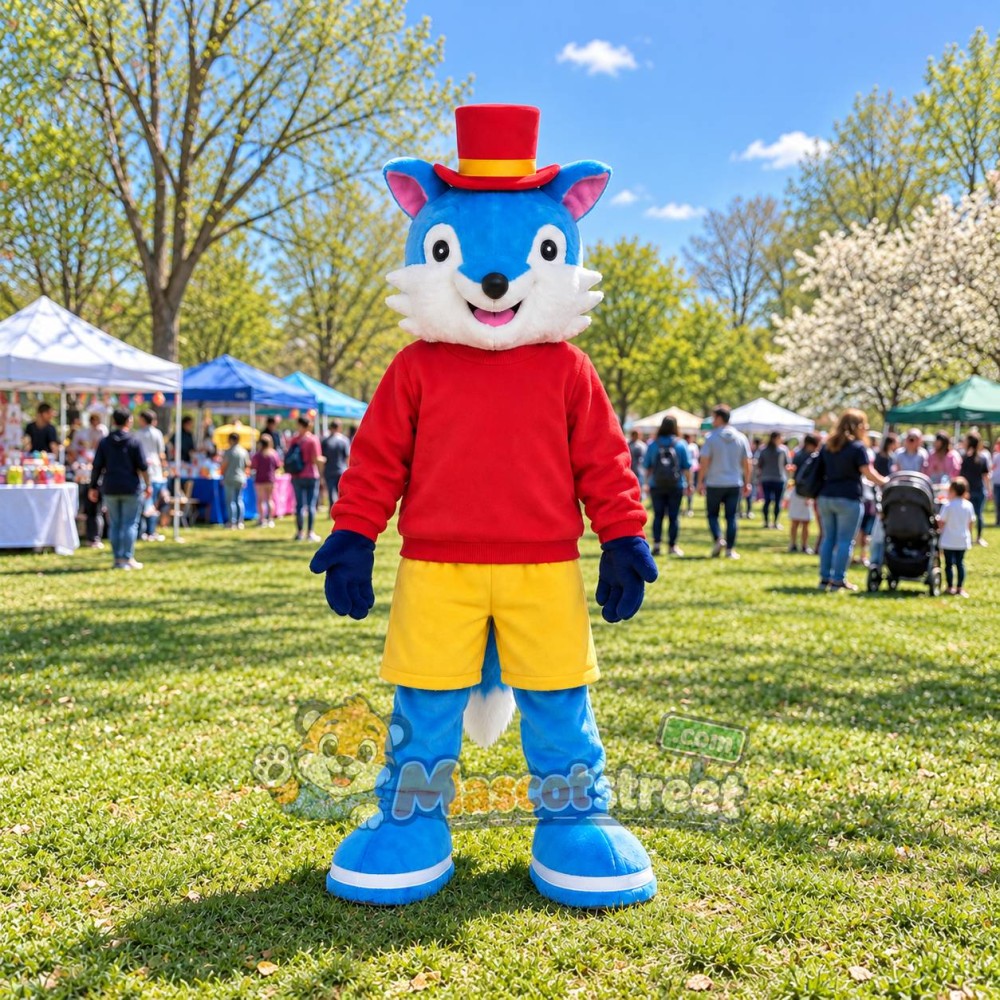 Blue and White Fox Mascot Costume with Red Shirt, Yellow Shorts and Top Hat
