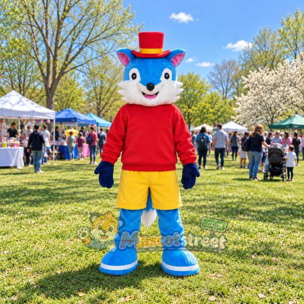 Blue and White Fox Mascot Costume with Red Shirt, Yellow Shorts and Top Hat Blue and White Fox Mascot Costume with Red Shirt, Yellow Shorts and Top Hat