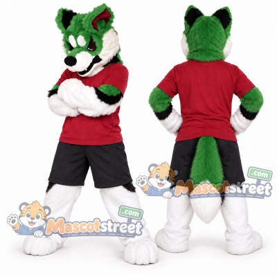 Green and White Canine Mascot Costume with Red Shirt and Black Shorts Green and White Canine Mascot Costume with Red Shirt and Black Shorts