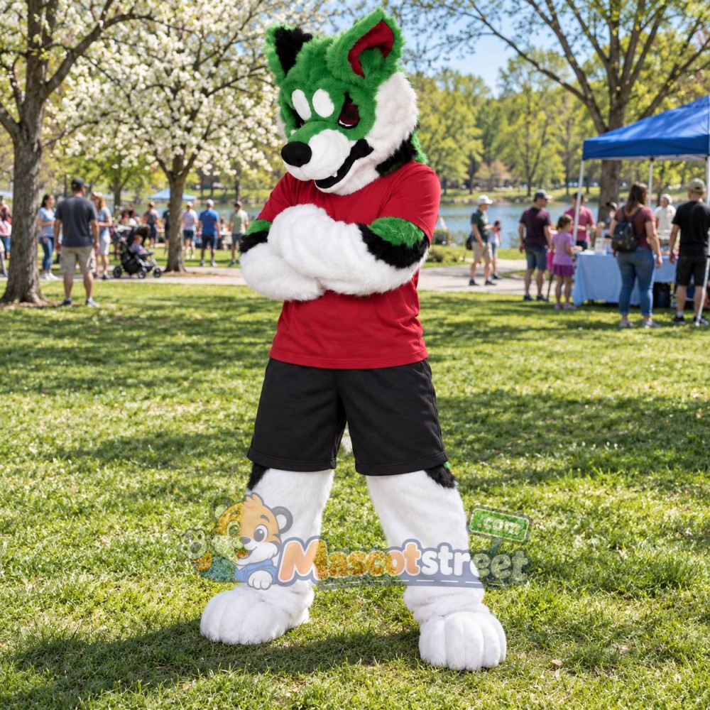 Green and White Canine Mascot Costume with Red Shirt and Black Shorts