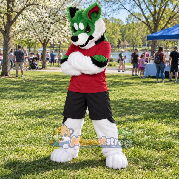 Green and White Canine Mascot Costume with Red Shirt and Black Shorts Green and White Canine Mascot Costume with Red Shirt and Black Shorts