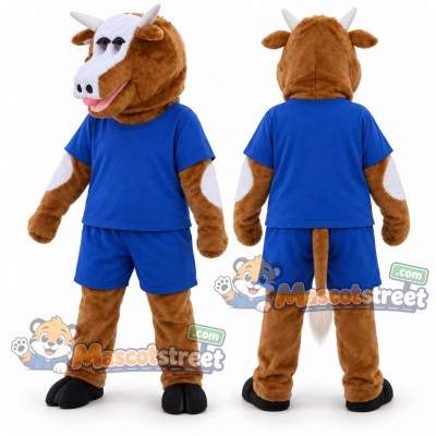 Brown Cow Mascot Costume with Blue Shirt and Shorts