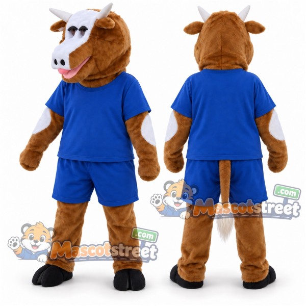 Brown Cow Mascot Costume with Blue Shirt and Shorts