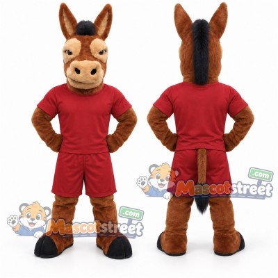 Brown Donkey Mascot Costume with Red Shirt and Shorts Brown Donkey Mascot Costume with Red Shirt and Shorts