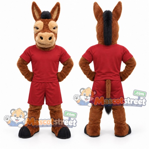 Brown Donkey Mascot Costume with Red Shirt and Shorts