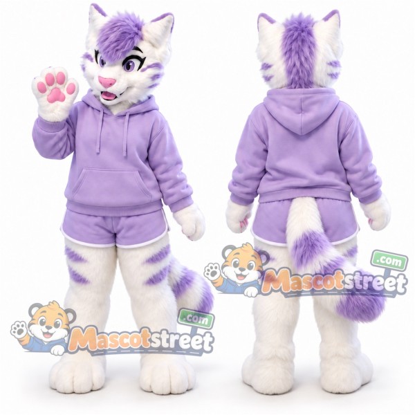 White and Purple Cat Mascot Costume with Lavender Hoodie
