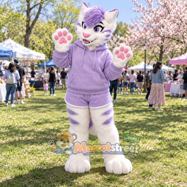 White and Purple Cat Mascot Costume with Lavender Hoodie