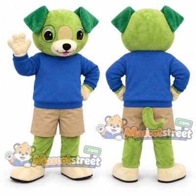 Green Dog Mascot Costume with Blue Shirt and Beige Shorts Green Dog Mascot Costume with Blue Shirt and Beige Shorts