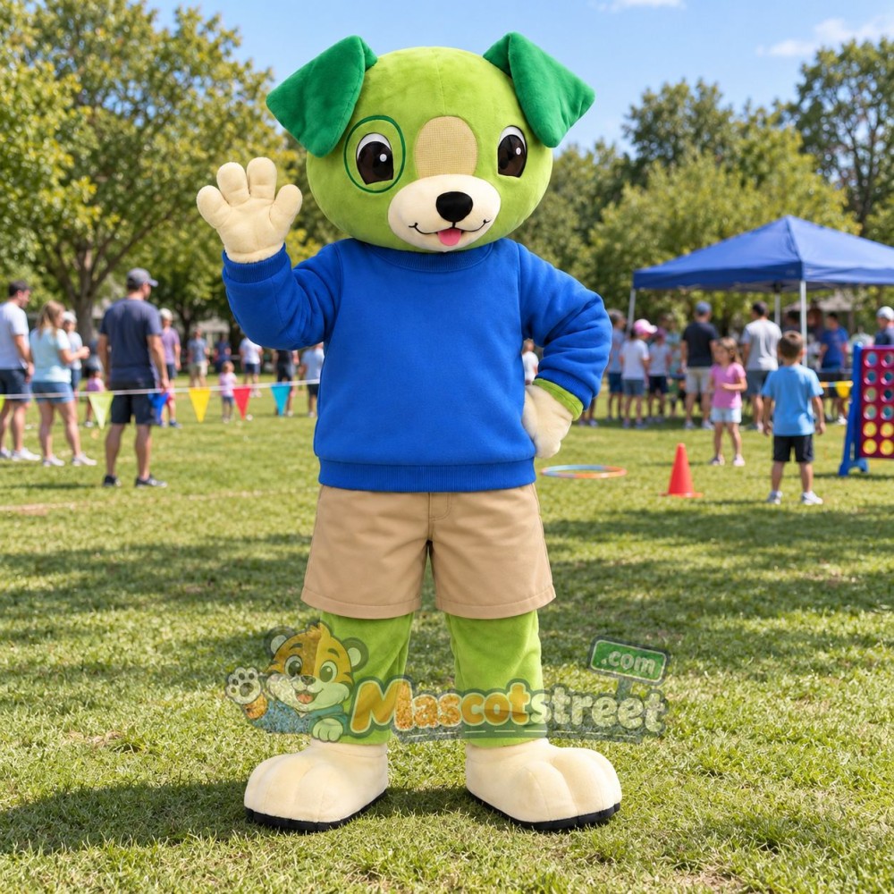 Green Dog Mascot Costume with Blue Shirt and Beige Shorts Green Dog Mascot Costume with Blue Shirt and Beige Shorts