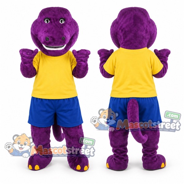Purple Dinosaur Mascot Costume with Yellow Shirt and Blue Shorts