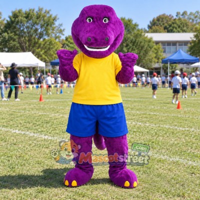 Purple Dinosaur Mascot Costume with Yellow Shirt and Blue Shorts Purple Dinosaur Mascot Costume with Yellow Shirt and Blue Shorts
