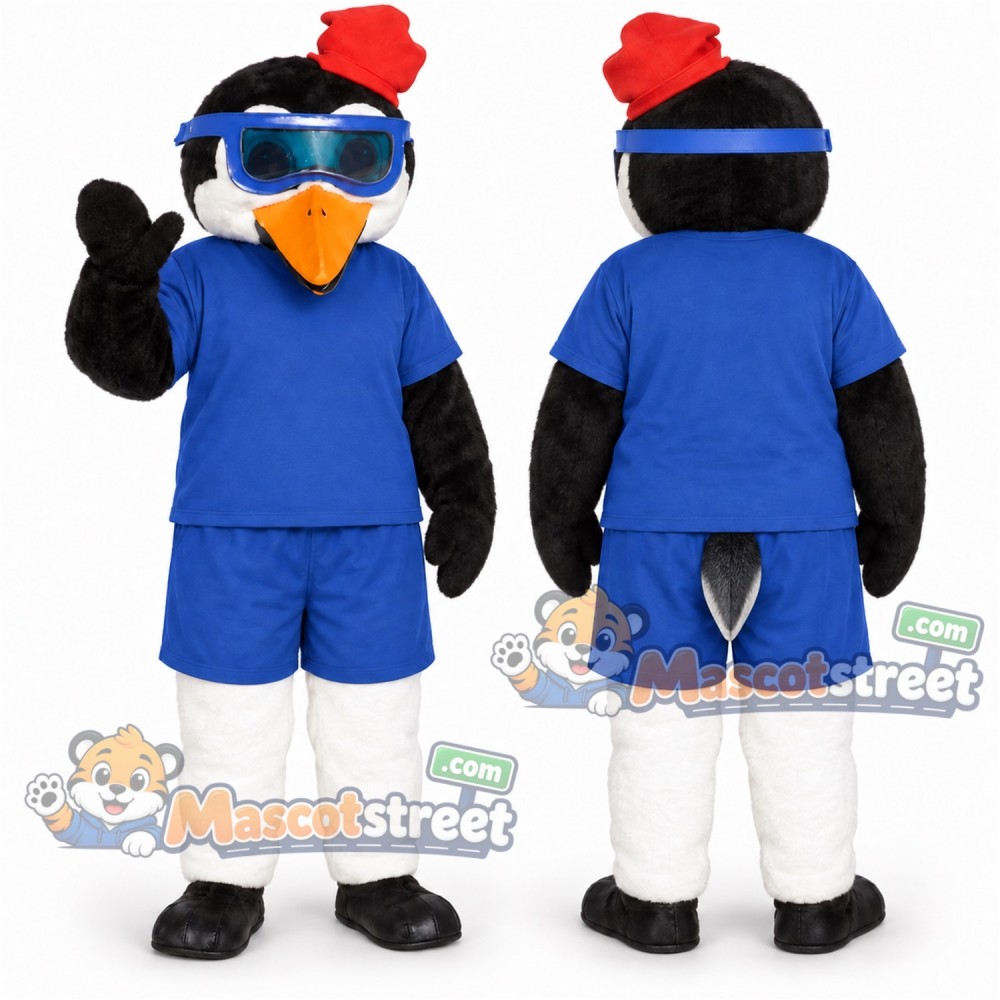 Black and White Penguin Mascot Costume with Blue Shirt, Blue Shorts, Sunglasses and Red Hat Black and White Penguin Mascot Costume with Blue Shirt, Blue Shorts, Sunglasses and Red Hat