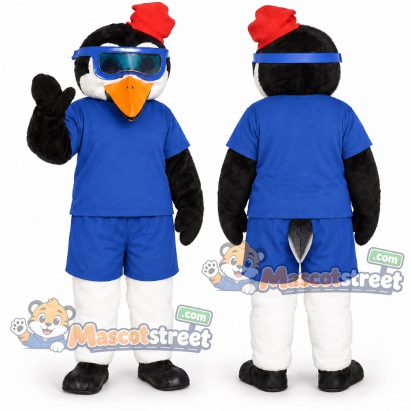 Black and White Penguin Mascot Costume with Blue Shirt, Blue Shorts, Sunglasses and Red Hat