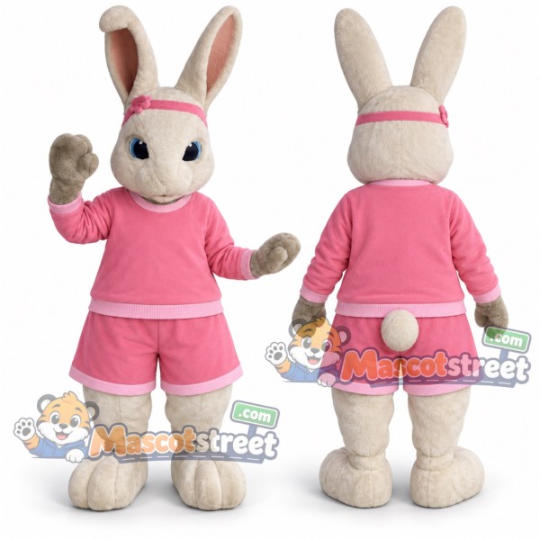 Cream Rabbit Mascot Costume with Pink Shirt and Shorts