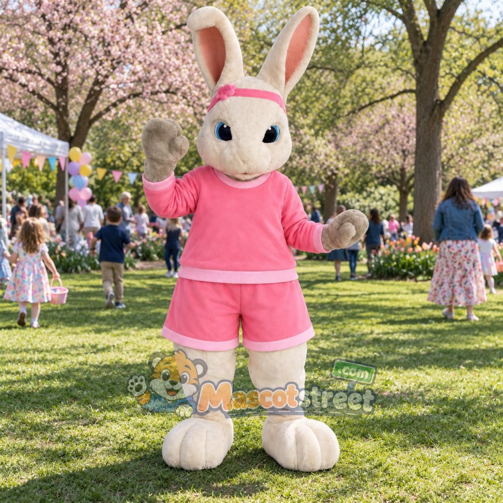 Cream Rabbit Mascot Costume with Pink Shirt and Shorts Cream Rabbit Mascot Costume with Pink Shirt and Shorts