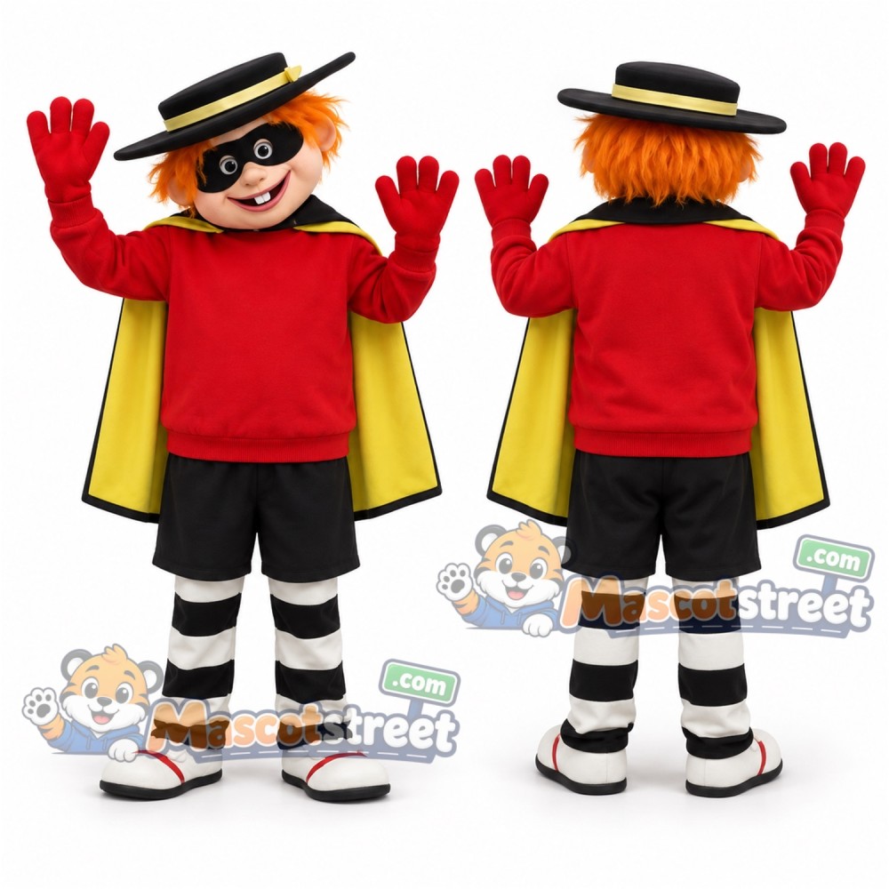 Masked Character Mascot Costume with Red Shirt, Black Shorts, Cape and Black Hat Masked Character Mascot Costume with Red Shirt, Black Shorts, Cape and Black Hat