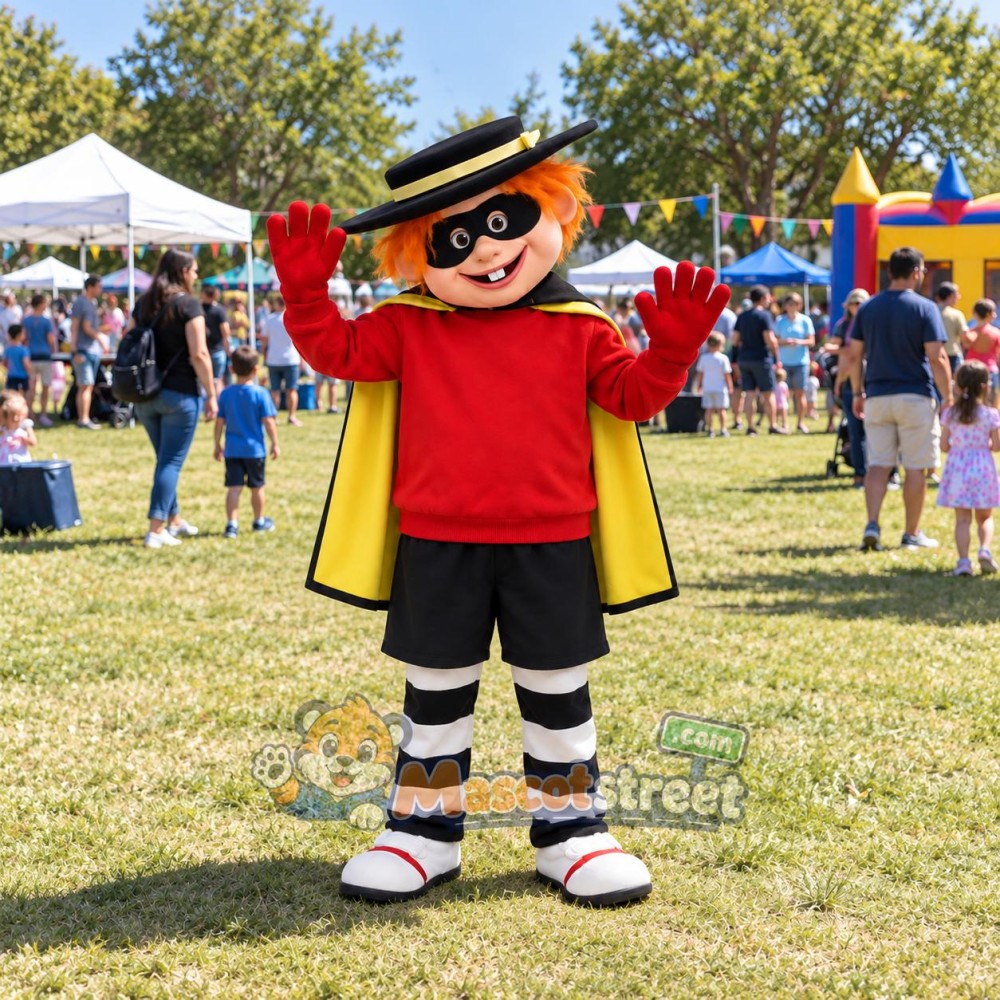 Masked Character Mascot Costume with Red Shirt, Black Shorts, Cape and Black Hat Masked Character Mascot Costume with Red Shirt, Black Shorts, Cape and Black Hat