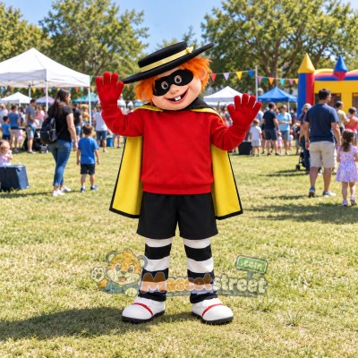 Masked Character Mascot Costume with Red Shirt, Black Shorts, Cape and Black Hat Masked Character Mascot Costume with Red Shirt, Black Shorts, Cape and Black Hat