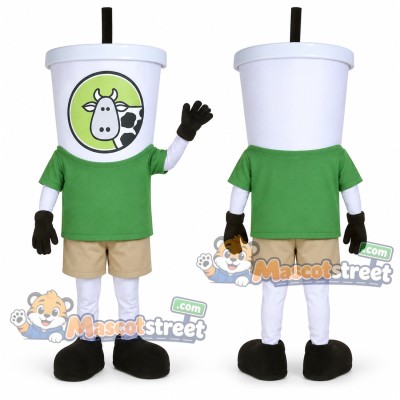 White Drink Cup Mascot Costume with Green Shirt and Beige Shorts