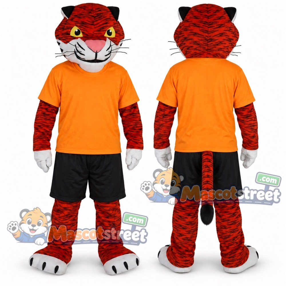 Red Tiger Mascot Costume with Orange Shirt and Black Shorts Red Tiger Mascot Costume with Orange Shirt and Black Shorts