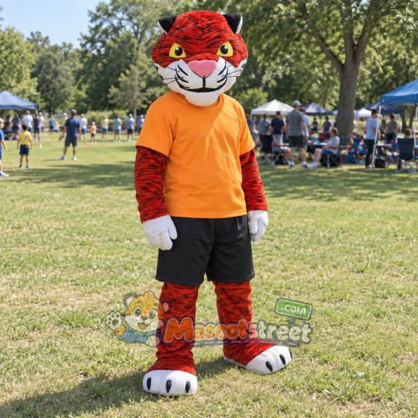 Red Tiger Mascot Costume with Orange Shirt and Black Shorts