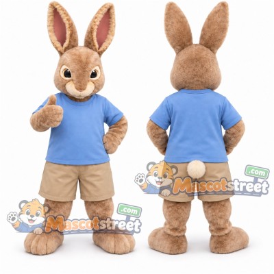 Brown Rabbit Mascot Costume with Light Blue Shirt and Beige Shorts Brown Rabbit Mascot Costume with Light Blue Shirt and Beige Shorts