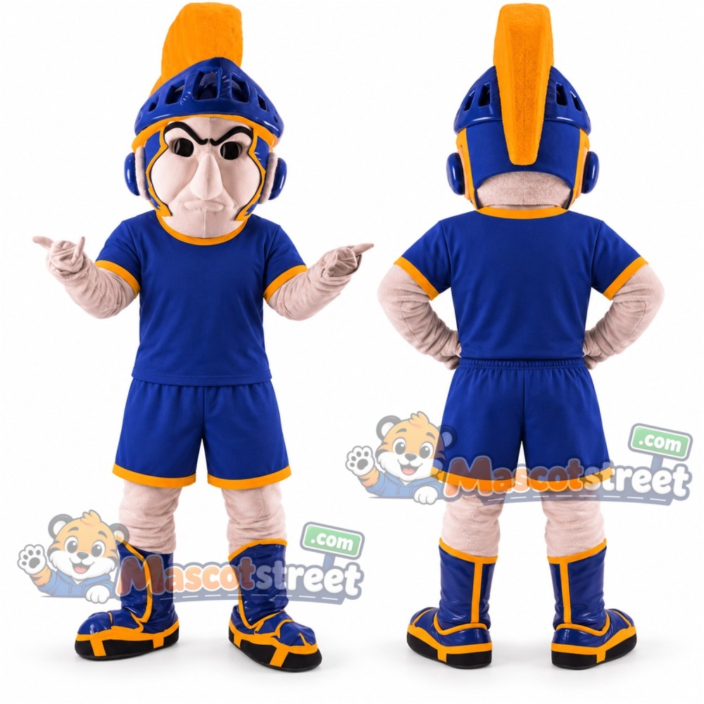 Knight Mascot Costume with Blue Uniform and Plumed Helmet