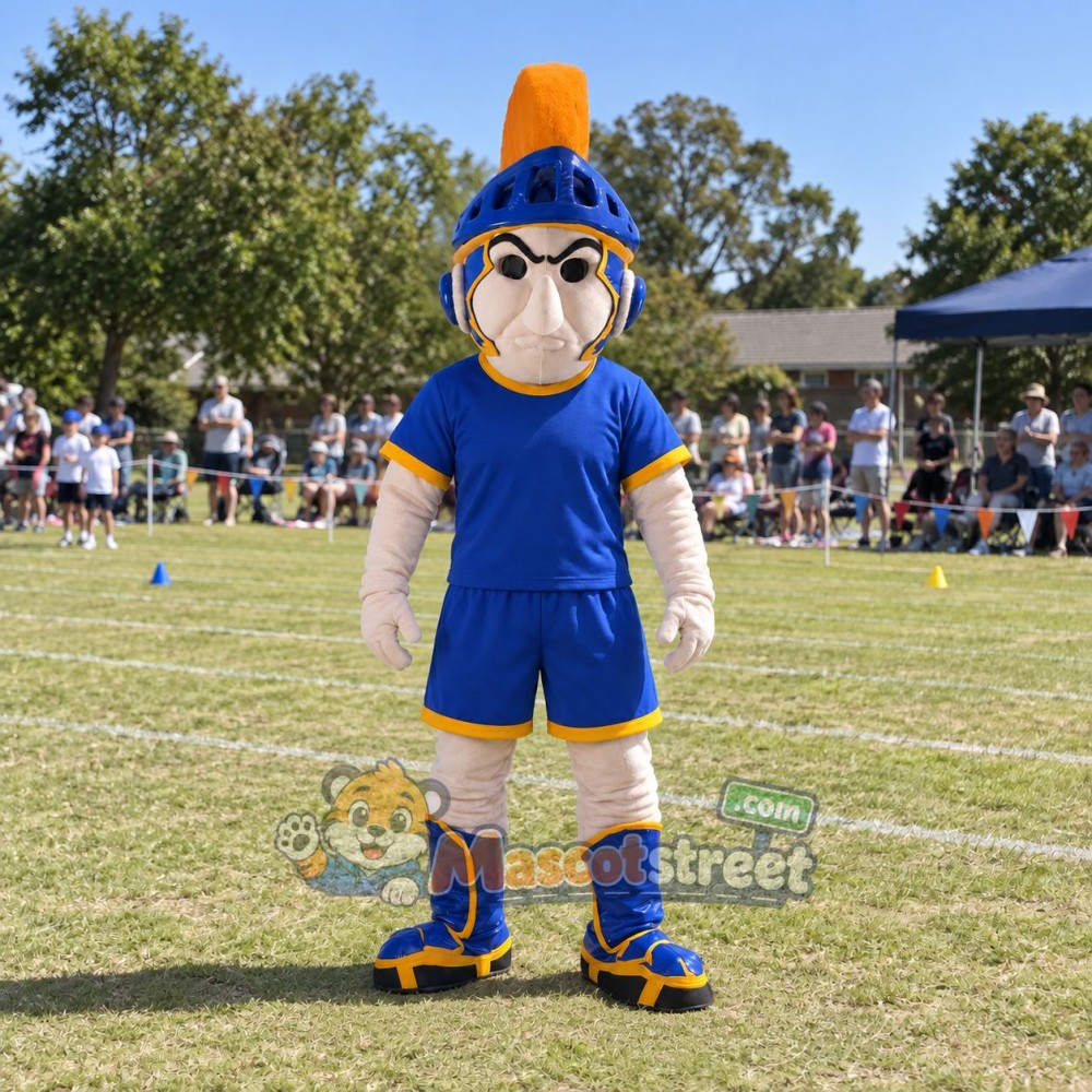 Knight Mascot Costume with Blue Uniform and Plumed Helmet Knight Mascot Costume with Blue Uniform and Plumed Helmet