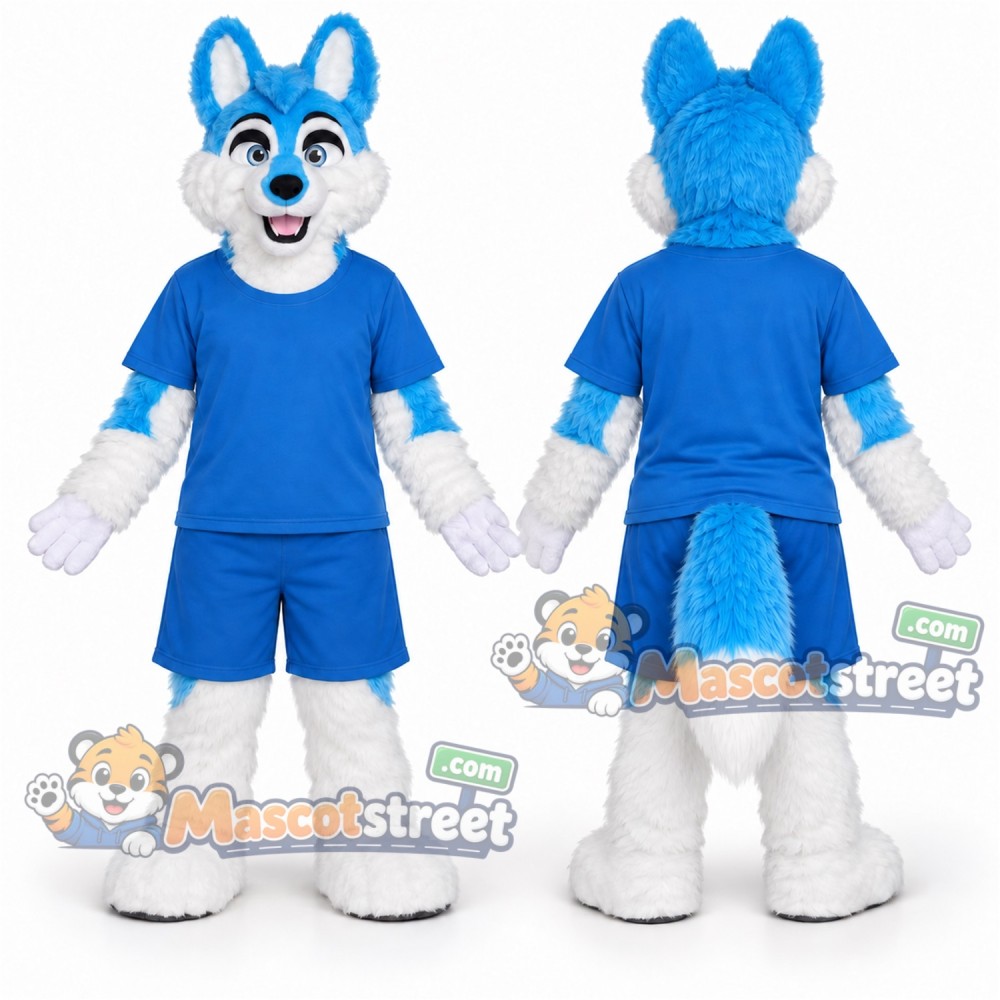Blue and White Canine Mascot Costume with Blue Shirt and Shorts Blue and White Canine Mascot Costume with Blue Shirt and Shorts
