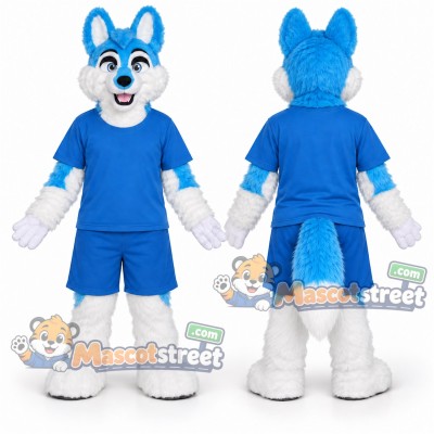 Blue and White Canine Mascot Costume with Blue Shirt and Shorts Blue and White Canine Mascot Costume with Blue Shirt and Shorts