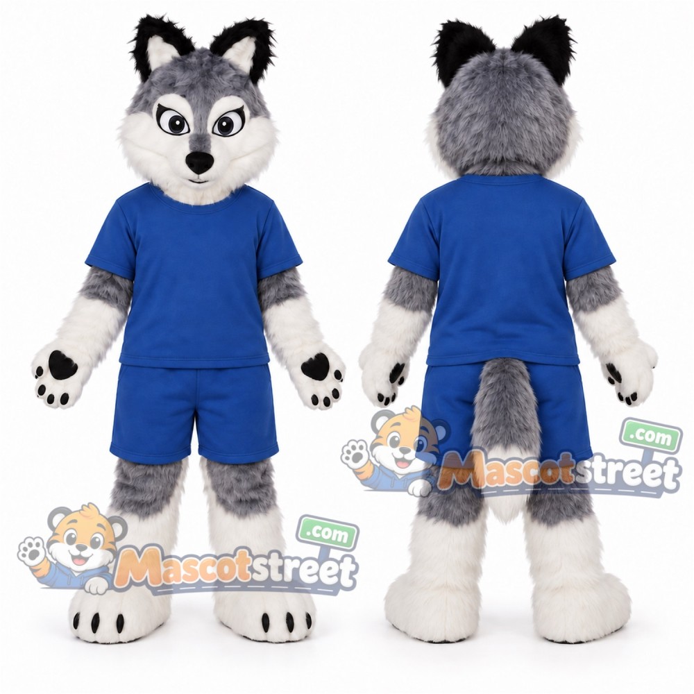 Gray and White Wolf Mascot Costume with Navy Shirt and Shorts