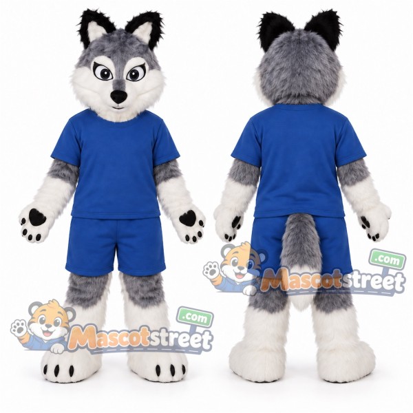 Gray and White Wolf Mascot Costume with Navy Shirt and Shorts