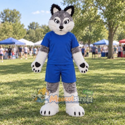 Gray and White Wolf Mascot Costume with Navy Shirt and Shorts Gray and White Wolf Mascot Costume with Navy Shirt and Shorts