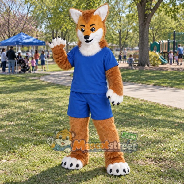 Orange and White Fox Mascot Costume with Blue Shirt and Shorts Orange and White Fox Mascot Costume with Blue Shirt and Shorts