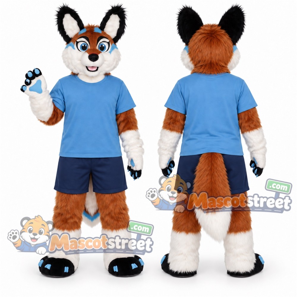 Brown and White Canine Mascot Costume with Light Blue Shirt and Blue Shorts Brown and White Canine Mascot Costume with Light Blue Shirt and Blue Shorts