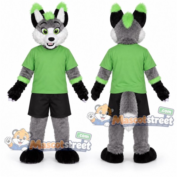 Gray Black and Green Canine Mascot Costume with Green Shirt and Black Shorts