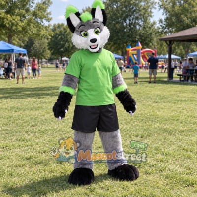 Gray Black and Green Canine Mascot Costume with Green Shirt and Black Shorts
