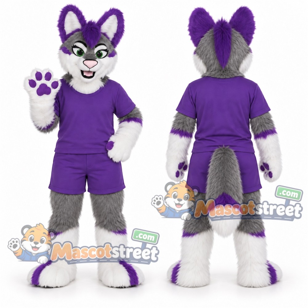 Gray White and Purple Canine Mascot Costume with Purple Shirt and Shorts Gray White and Purple Canine Mascot Costume with Purple Shirt and Shorts