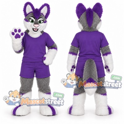 Gray White and Purple Canine Mascot Costume with Purple Shirt and Shorts Gray White and Purple Canine Mascot Costume with Purple Shirt and Shorts
