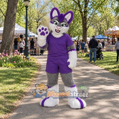 Gray White and Purple Canine Mascot Costume with Purple Shirt and Shorts Gray White and Purple Canine Mascot Costume with Purple Shirt and Shorts