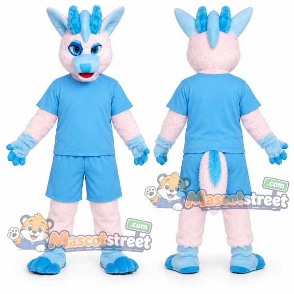 Pink and Blue Canine Mascot Costume with Light Blue Shirt and Shorts