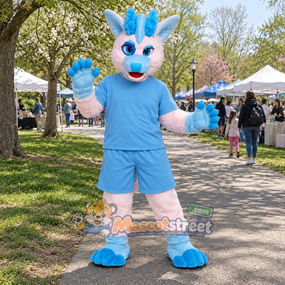 Pink and Blue Canine Mascot Costume with Light Blue Shirt and Shorts