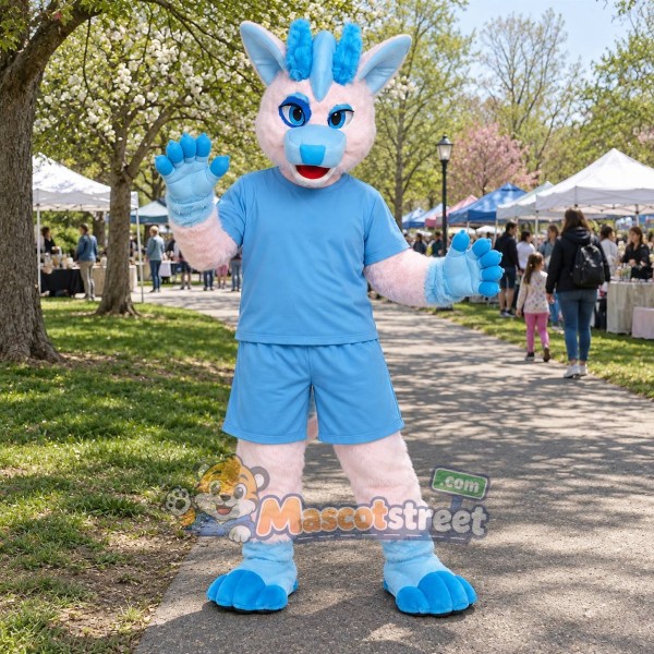 Pink and Blue Canine Mascot Costume with Light Blue Shirt and Shorts